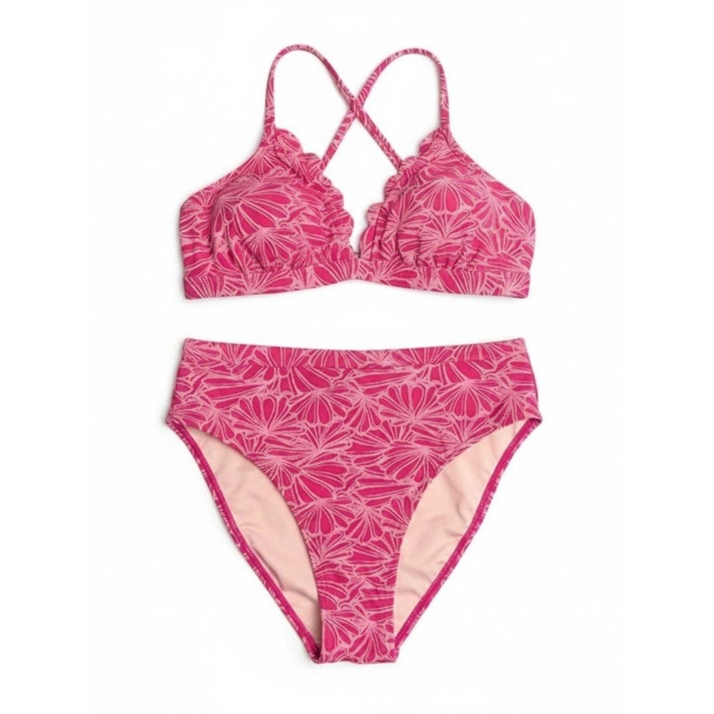 Cupshe NWT Fuchsia Pink Scalloped V-Neck Floral Bikini Set High Cut Size Medium